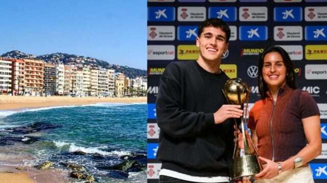 Imatge de la platja de Lloret i del Pau Cubarsí amb la Kika Nazareth, padrins del MIC Football 2026