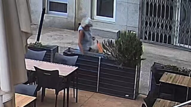 Imatge de la dona gran robant plantes al negoci d'Empuriabrava (Pizzeria Il Nonno,via xarxxes socials)